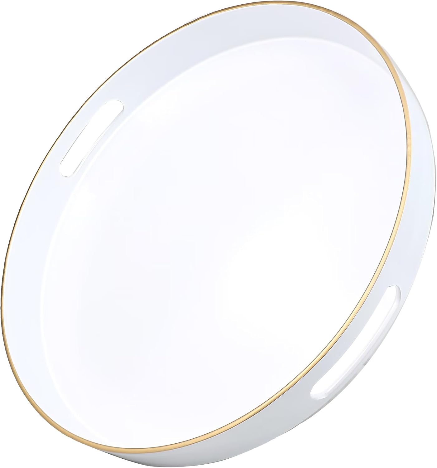 White Round Decorative Tray with Handles, 13" Versatile Serving Tray for Coffee Table, Ottoman, Idea
