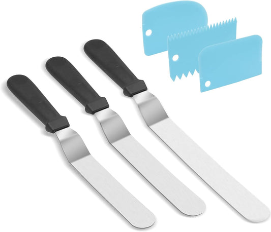 Angled Icing Spatula Set and 3 Packs Cake Scrapers Smoother, Stainless Steel Offset Spatulas Cake Frosting Spatula Set for