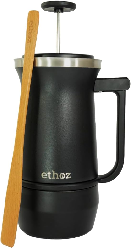 Ethoz by Planetary Design | Uptowner French Press | 32oz Stainless Steel | US Patented Bru-Stop &amp; Removable Bottom | Double-Wall Insulated for Smooth, Balanced Coffee – No Grit, No Bitterness