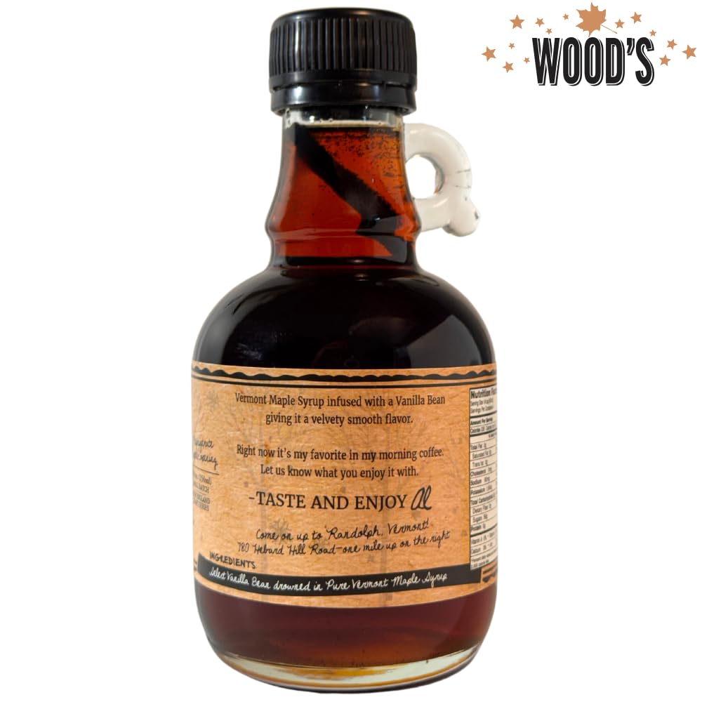 WOOD'S Vanilla Beaned Maple Syrup – Infused Vermont Maple Syrup with Real Vanilla Bean Pod | Smooth, Rich, All-Natural &amp; Vegan Sweetener | Perfect for Breakfast, Baking, Seafood, Popcorn &amp; More | 8.45 Fl Oz (250mL)
