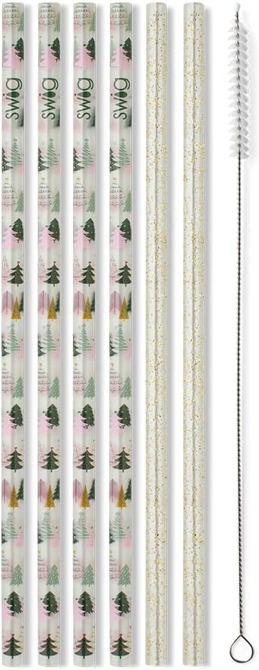 Swig Life Reusable Straws Tinseled Trees + Gold Glitter Tall Straw Set & Cleaning Brush, Each Straw is 10.25 inch Long (Fits