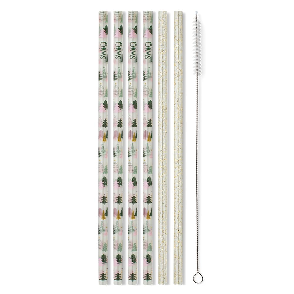 Swig Life Reusable Straws Tinseled Trees + Gold Glitter Tall Straw Set & Cleaning Brush, Each Straw is 10.25 inch Long (Fits Swig Life 20oz Tumblers