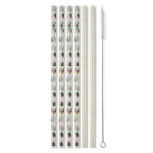 Swig Life Reusable Straws Tinseled Trees + Gold Glitter Tall Straw Set & Cleaning Brush, Each Straw is 10.25 inch Long (Fits Swig Life 20oz Tumblers