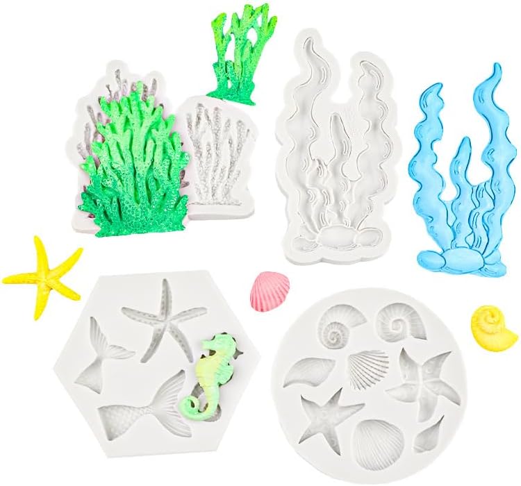 Ocean Chocolate Fondant Mold Set Food-Grade Silicone Baking Molds with Shell, Starfish, Seashell Beach Life Phrases, Reusable for Under the Sea Cakes, Cupcakes &amp; Party Treats - 8 Pack