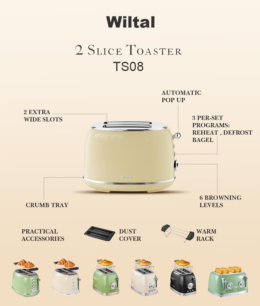 Toaster Retro 2 Slice, Vintage White Toaster with Lid, with Bread Attachment, Preheat, Defrost And Cancel Functions, 6 Browning Levels (Beige)