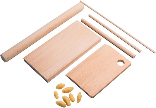Wooden Pasta Board Set – 6-Piece Pasta Making Tools – Includes Pasta Board, Bench Scraper & 4 Rolling Pins – Make Rigatoni,