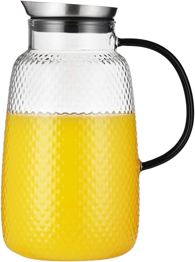 Purefold Pitcher with Lid, Glass Jug with Stainless Steel Lid for Hot and Cold Water, Fruit Tea, Coffee Maker, Ice Tea, Juice, Pineapple Series (Clear, 80 oz) | Fruit tea, coffee, iced tea, juice jug. Leakproof, dishwasher safe. BPA free Pineapple Series