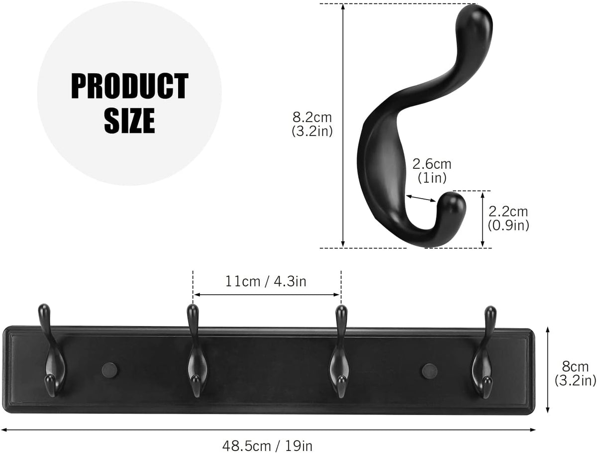 Badiano Heavy Duty Wooden Coat Rack, Wall-Mounted Organizer, 19 Inch, Black