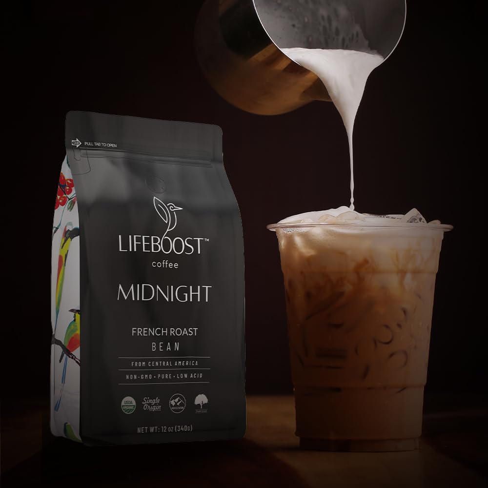 Lifeboost Midnight French Roast Coffee Beans - Single Origin Non-GMO USDA Organic Low Acid French Roast Coffee - Third Party Tested For Mycotoxins &amp; Pesticides - 12 Ounces