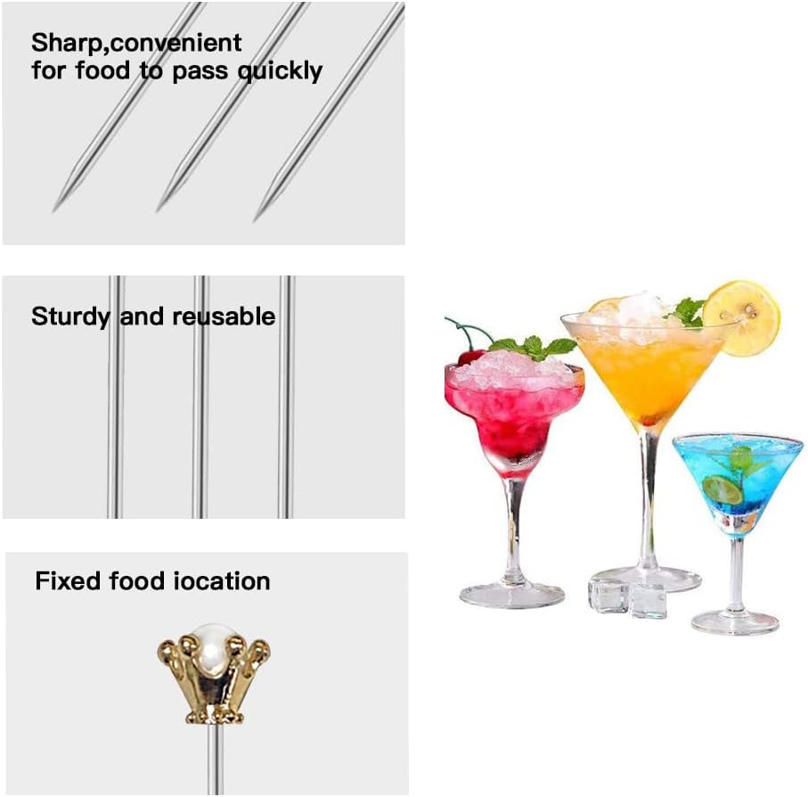 Stainless Steel Cocktail Picks Crown, 8PCS Metal Martini Sticks,Fruits Toothpicks,Reusable Garnish Skewer Drinks Sandwiches Appetizers Olives Fruits Barbecue Snacks
