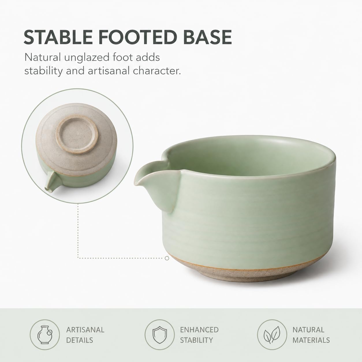 Matcha Traditional Porcelain Tea Bowl with Pour Spout - Hand Made Porcelain with Light Green Matte Glaze - Perfectly Whisked Matcha Green Tea, 430ml/ 14.5oz