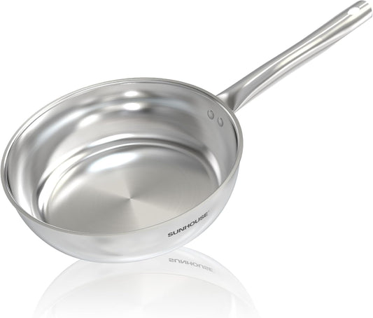 Sunhouse 18/10 9 Inch Stainless Steel Frying Pan, Whole-Clad No Coatings Skillet with Stay-cool Handle for Cooking, Durable & Oven Safe to 500°F, Dishwasher Safe, Compatible with All Cooktops