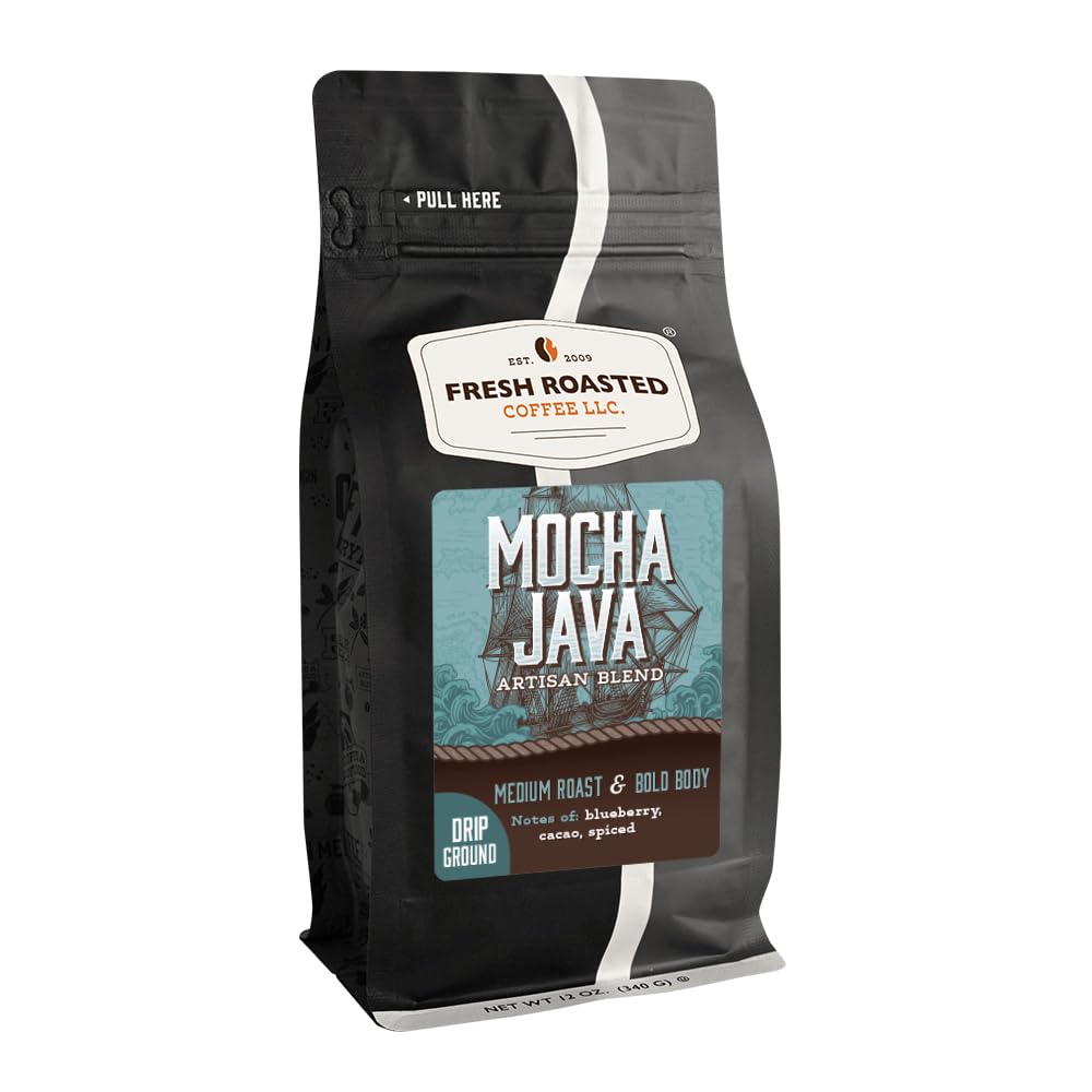 Fresh Roasted Coffee, Mocha Java Drip Ground Coffee, Medium Roast, Kosher, 12 oz