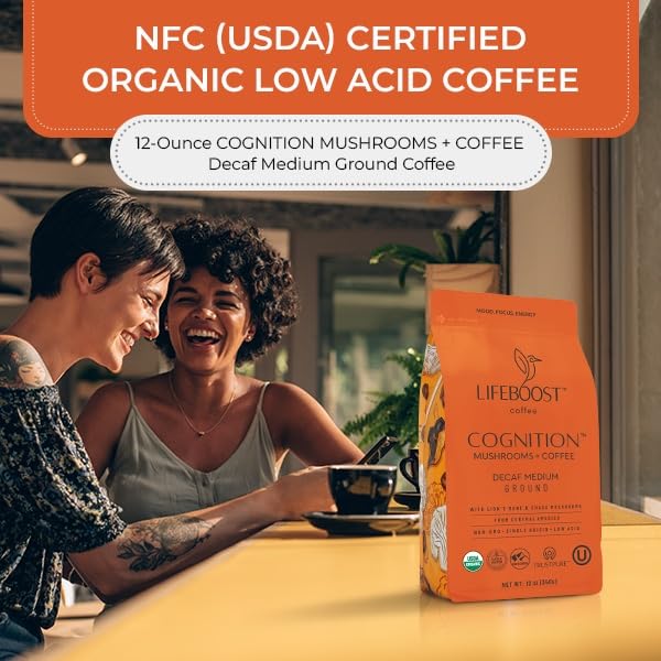 Lifeboost Cognition Decaf Focus Coffee for Calm Energy - Lion’s Mane Mushroom Coffee with Chaga - Organic Medium Roast Decaf Nootropic Coffee - Low Acid Adaptogenic Coffee - 12 oz Ground