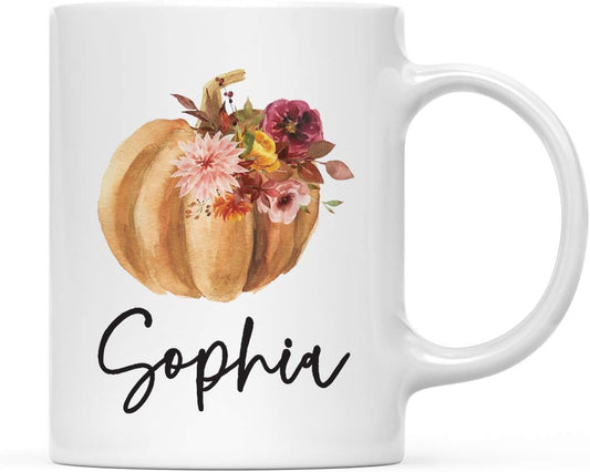Andaz Press Personalized Fall Burgundy Marsala 11oz. Ceramic Coffee Tea Mug, Custom Name, 1-Pack, Pumpkin Floral Graphic,