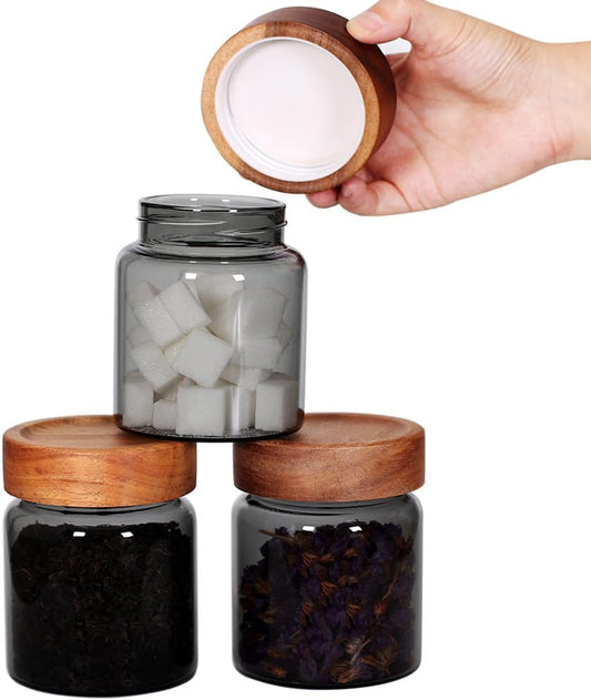 SAIOOL 3 Packs grey Glass Food Storage Jars with Screw Airtight Seal Acacia Wood Lids,Spice Jars with Lids, Organization for