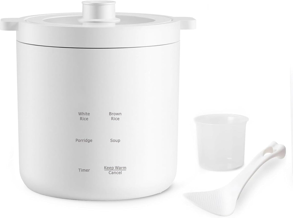 Olayks Mini Rice Cooker 2 Cup Uncooked, Small Electric Cooker, with 4 Cooking Functions, 24 Hour Preset and Heat Preservation, Anti Scald Carry Handle