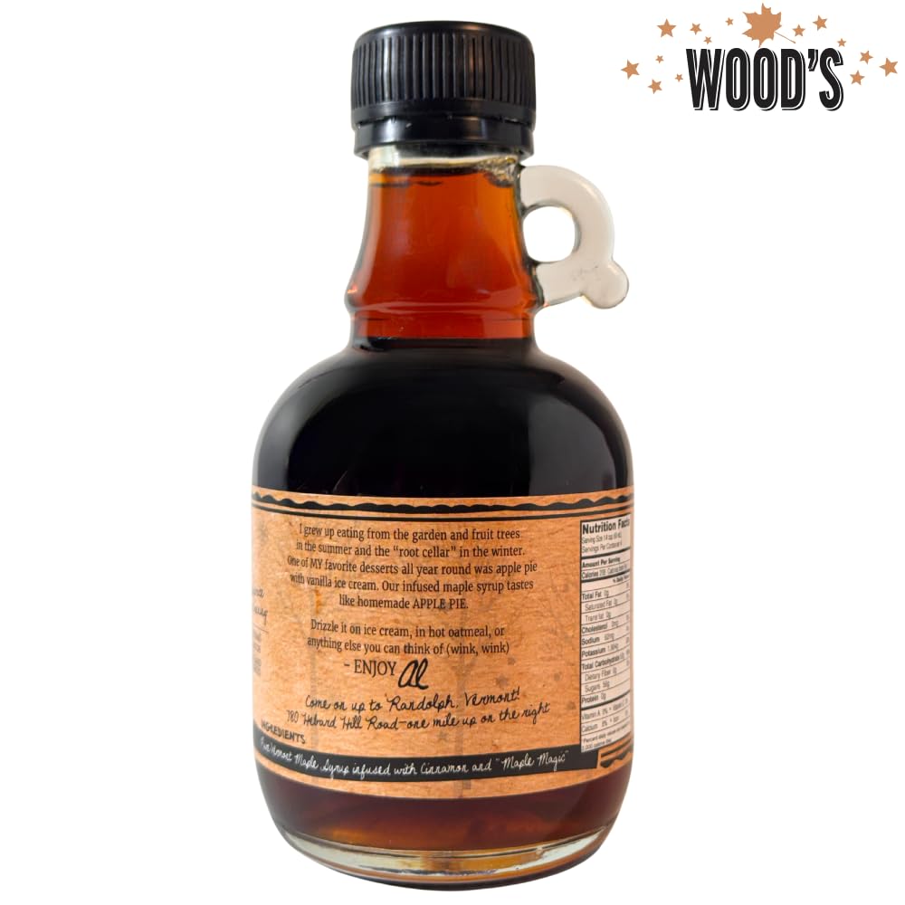 Wood’s Vermont Apple Pie Maple Syrup – Infused Vermont Maple Syrup with Warm Spices &amp; Real Apple Flavor | Small-Batch, Vegan Natural Sweetener | Perfect for Pancakes, Ice Cream, Cocktails &amp; Baking | 8.45 Fl Oz (250mL)