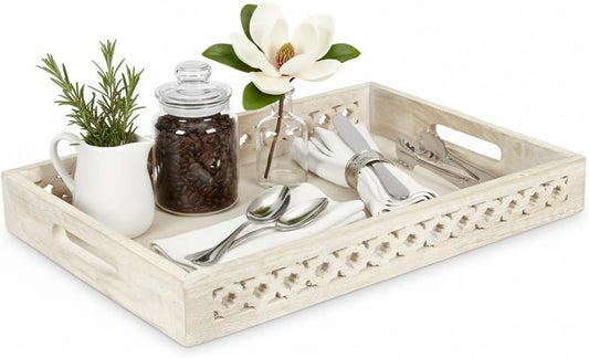 Mela Artisans Whitewash Wooden Decorative Tray with Handles | 16x12x2.5 Mango Wood Ottoman Tray | for Kitchen Countertop |