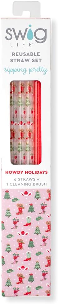Swig Life Reusable Straw Set with Cleaning Brush, Howdy Holidays Straws | Reusable Straw Set - Cleaning Brush Included - 14 Inch Long - Accessories for Cups &amp; Mugs