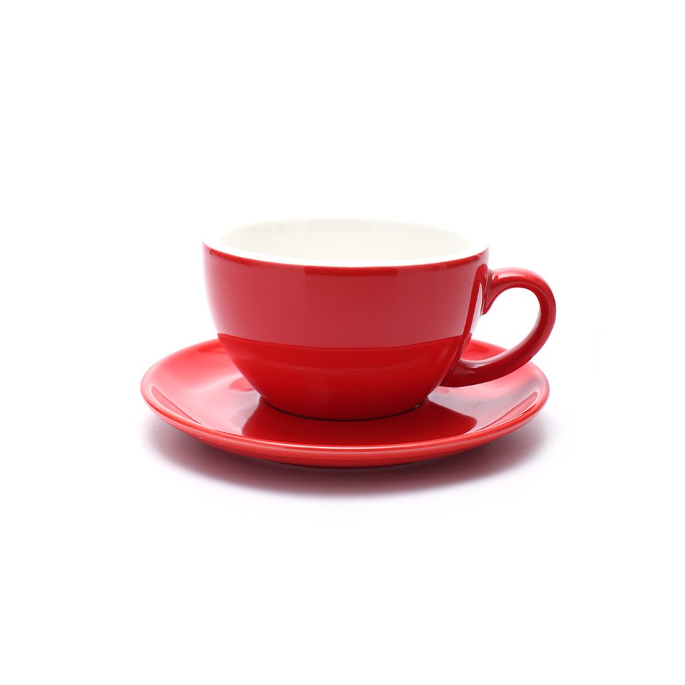 Ceramic Latte Art Cup and Saucer for Latte & Cappuccino & Double Espresso, Mate for Coffee Shop and Barista (Glossy Red, 10.5 oz)