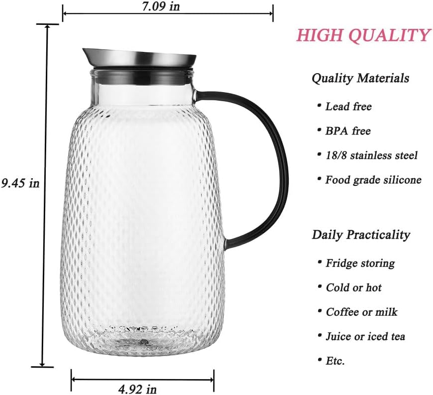 Purefold Pitcher with Lid, Glass Jug with Stainless Steel Lid for Hot and Cold Water, Fruit Tea, Coffee Maker, Ice Tea, Juice, Pineapple Series (Clear, 80 oz) | Fruit tea, coffee, iced tea, juice jug. Leakproof, dishwasher safe. BPA free Pineapple Series