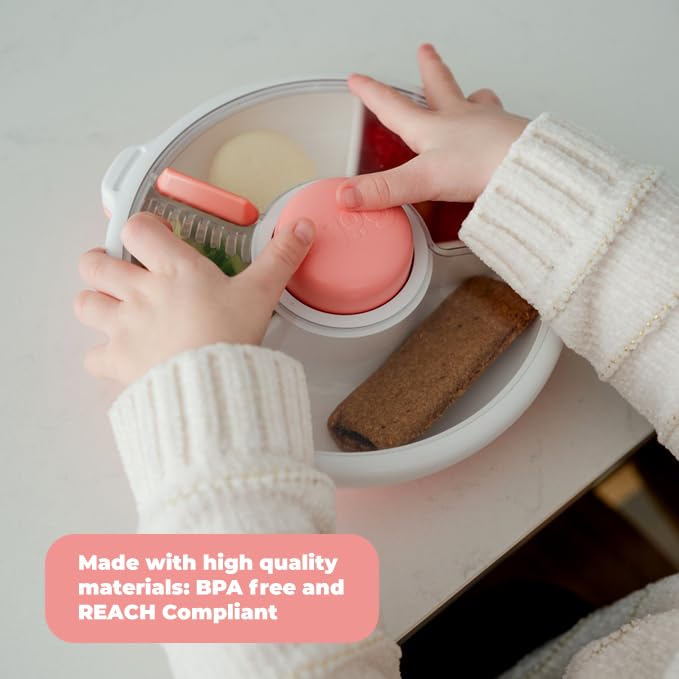 GoBe Kids Small Snack Spinner Slide Bundle with Hand Strap and Sticker Sheet - Reusable Snack Container with 5 Compartment Dispenser and Lid | BPA/PVC Free | Dishwasher Safe | No Spill - Coral Pink