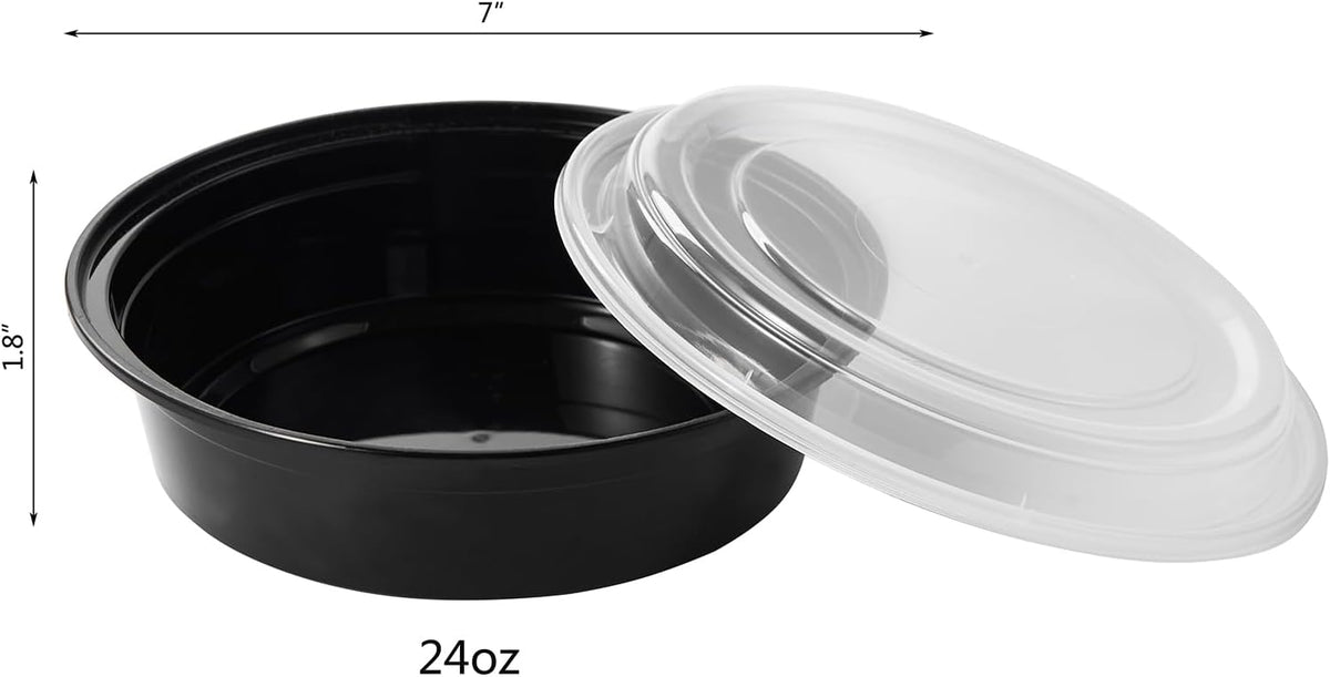 FULING 38 oz 50 ct Round Meal Prep Containers with Lids Plastic Food Storage To Go Lunch Plan Box Disposable Take Out Bowls Black BPA Free Reusable Durable Stackable Microwave Freezer Dishwasher Safe