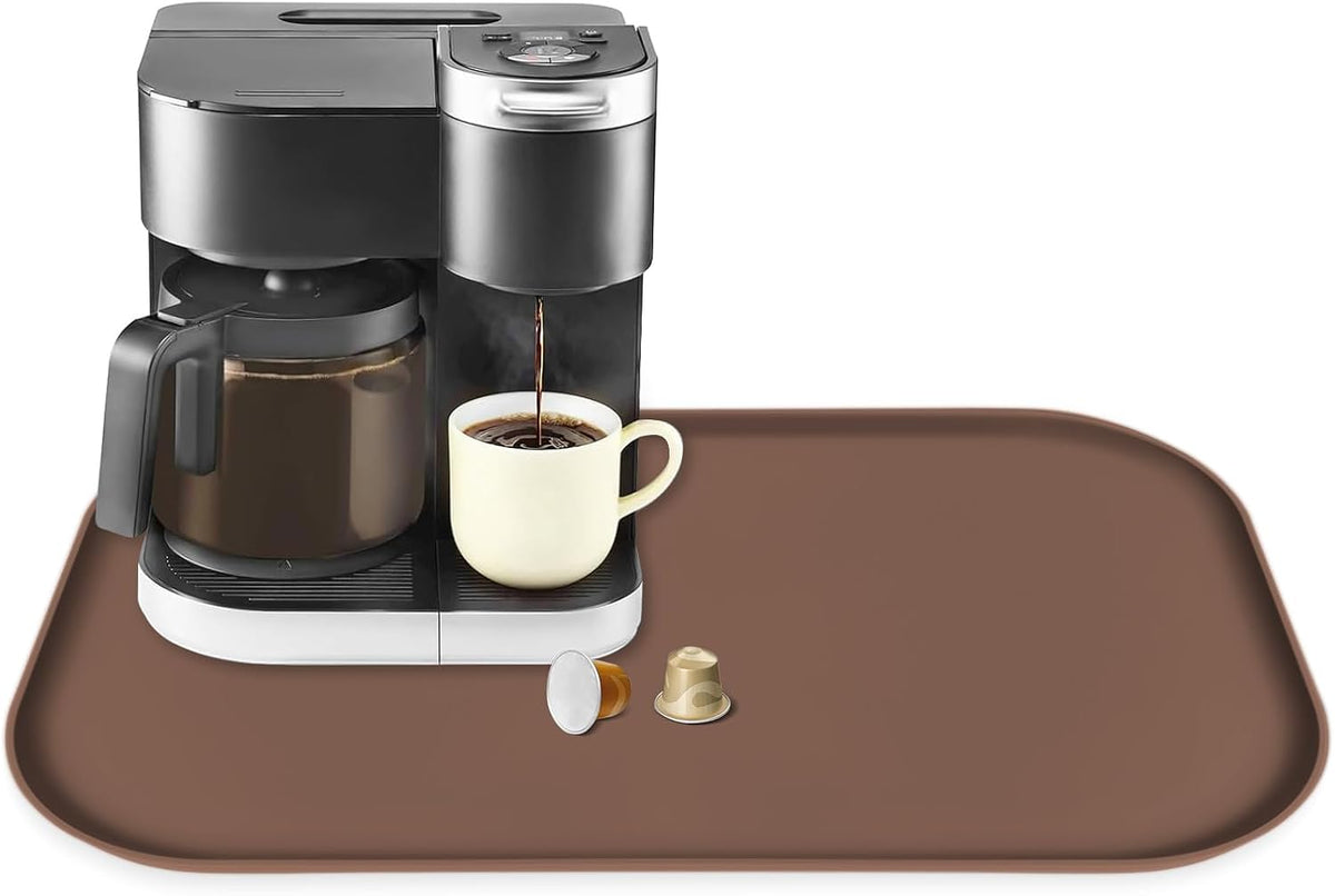 Silicone Coffee Maker Mat with Lip, 24'' x 16'' Heavy Duty Coffee Maker Mat for Countertops, Coffee Tray Fit Under Coffee Machine Appliance Automatic Machines Espresso Accessory, Brown