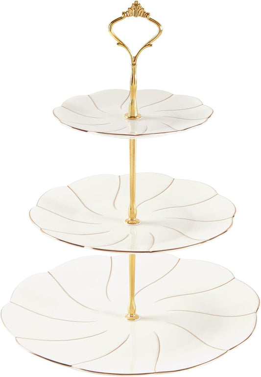 DUJUST Luxury Larger 3-Tier Cupcake Stand Tower, British Style Porcelain Serving Tray with Golden Trim, Food Grade Dessert