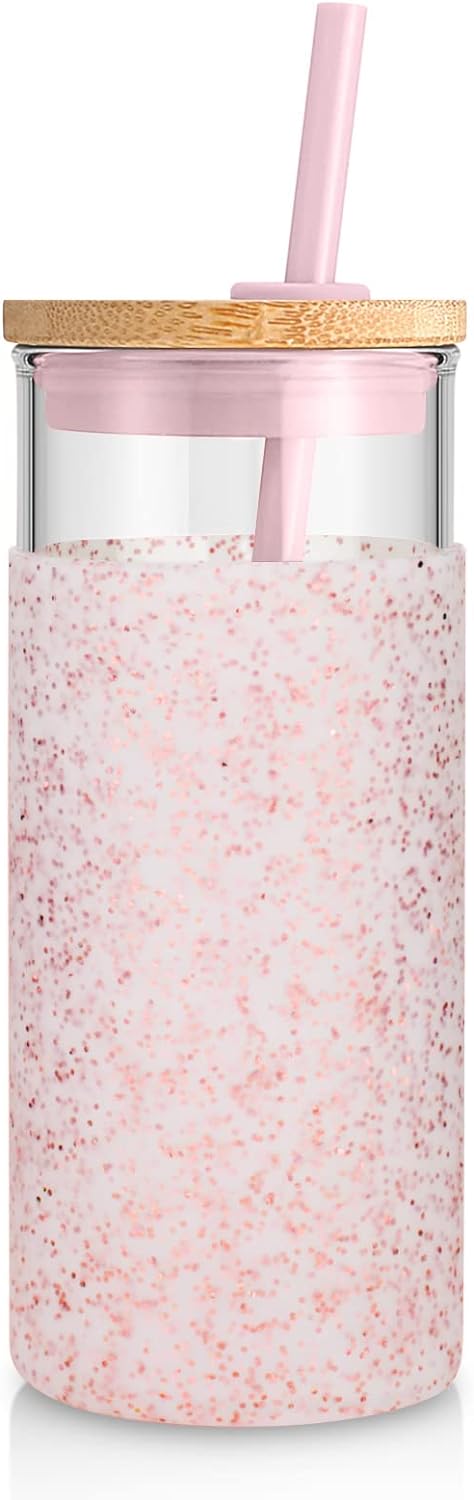 Tronco 20oz Glass Tumbler Glass Water Bottle Straw Silicone Protective Sleeve Bamboo Lid - BPA Free (Dot Pink/ 1 Pack)