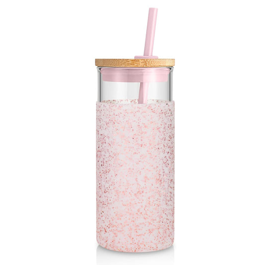 Tronco 20 oz Glass Tumbler with Lids and Straws, Reusable Iced Coffee Cups | Borosilicate Glass Cups with Bamboo Lid, Silicone Sleeve, Dishwasher Safe, Cup Holder Friendly, BPA-Free, Iced Coffee Tumbler