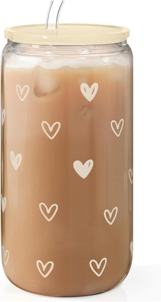 Heart 16oz Can Glass Tumbler with Acrylic Lid & Straw, Iced Coffee Cup for Women, Aesthetic Cups Gifts for Birthday