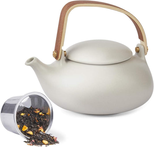 ZENS Vintage Japanese Teapot with Strainer, 27oz Matte Ceramic Loose Leaf Teapot with Infuser, Wood Handle Gray Japanese