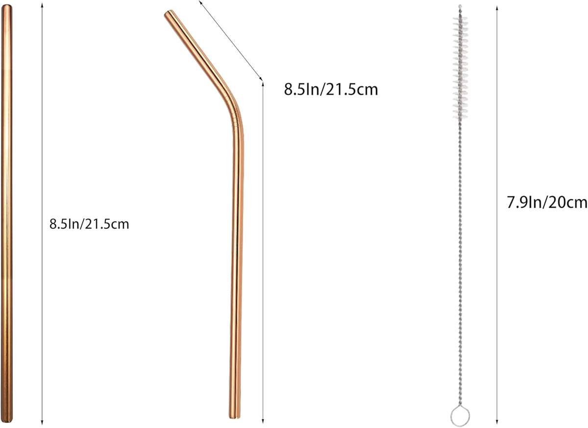 10 Pcs Stainless Steel Straws, Reusable Drinking Straws, 5 Straight + 5 Bent Metal Straws Set With 2 Pcs Cleaning Brushes (Rose Gold, 8.5 Inch)