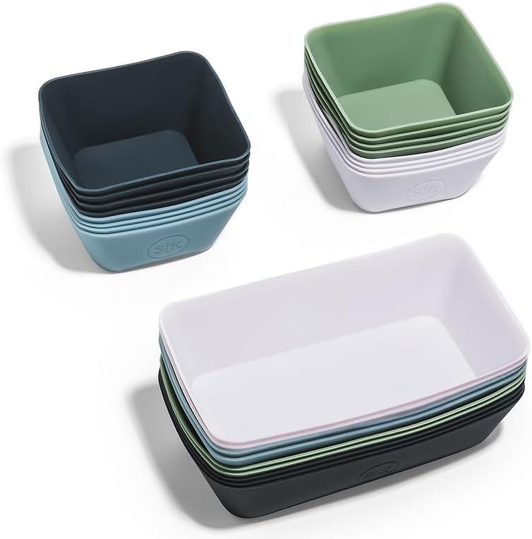 Reusable Silicone Bento Baking Cup, Non-Toxic, BPA Free, Dishwasher Safe Bento Box Accessories Lunch Box Dividers, Square and Rectangle, 24 Pack, Blue, White, Green