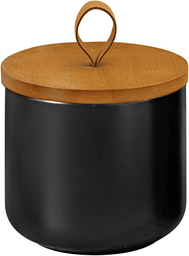 Ceramic Storage Jars, Modern Elegant Highly Polished Airtight Gorgeous Storage Canisters with Wooden Lid Small Food Stroage Jar for Kitchen Spice Tea Vanilla Sugar Coffee Beans (Black trumpet)