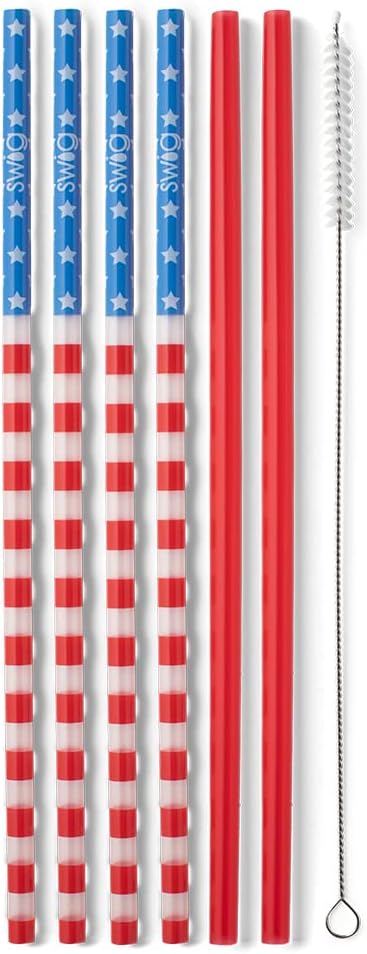 Swig Life Reusable Straws Stars & Stripes + Red Tall Straw Set & Cleaning Brush, Each Straw is 10.25 inch Long (Fits Swig