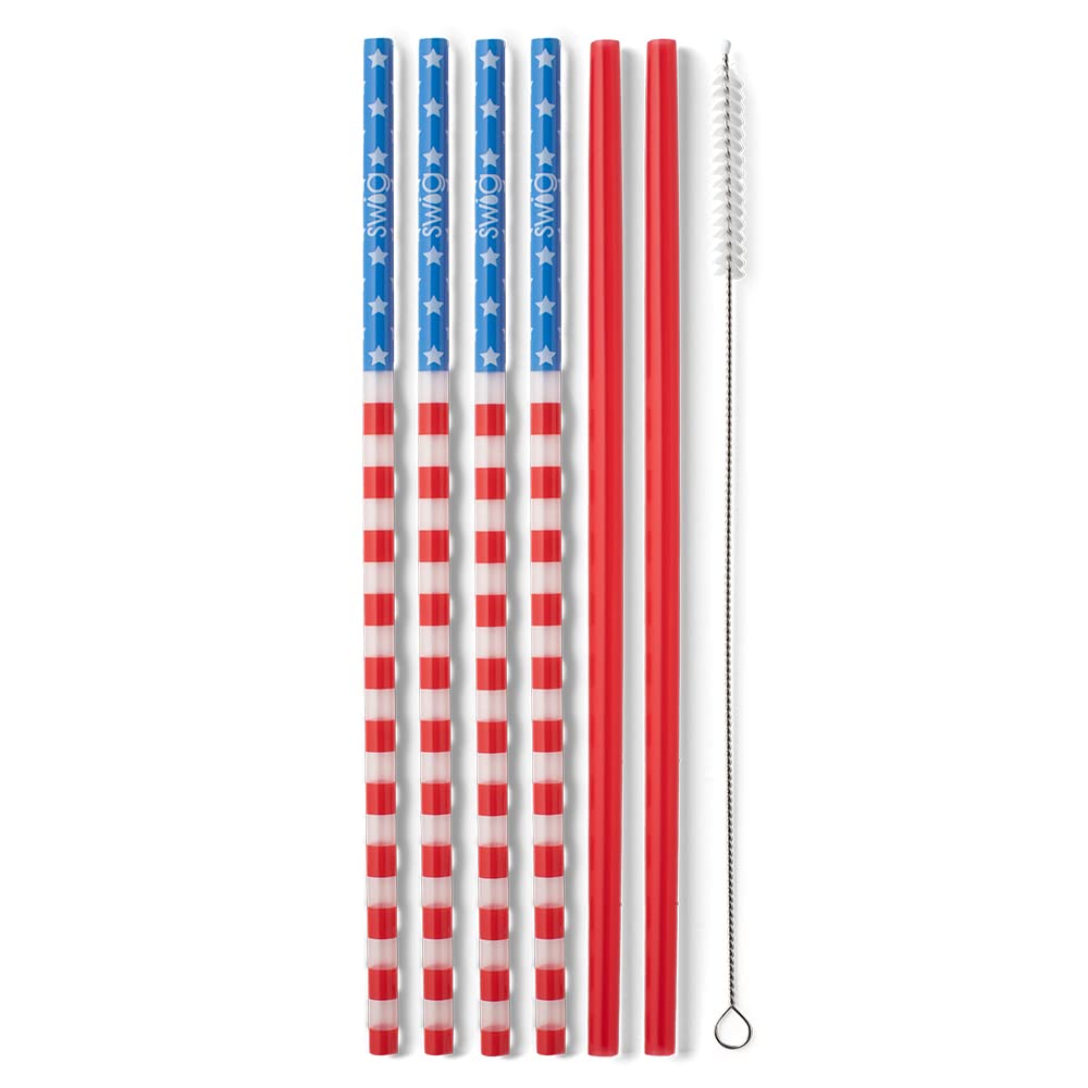 Swig Life Reusable Straw Set with Cleaning Brush, Stars + Stripes | Reusable Straw Set - Cleaning Brush Included - 14 Inch Long - Accessories for Cups &amp; Mugs