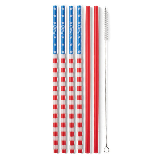 Swig Life Reusable Straw Set with Cleaning Brush, Stars + Stripes | Reusable Straw Set - Cleaning Brush Included - 14 Inch Long - Accessories for Cups &amp; Mugs
