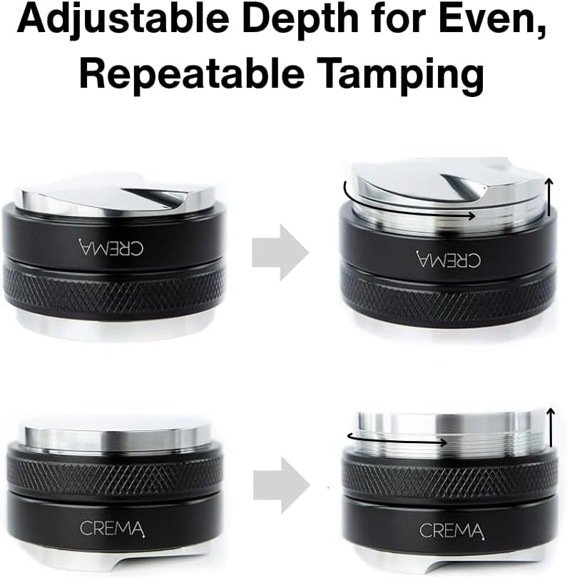 CREMA Coffee Products 58.5mm Hand Tamper &amp; Distributor | Compatible with any 58mm | Double-Sided, Adjustable Depth Tool | Made with Durable 304 Stainless Steel | Black