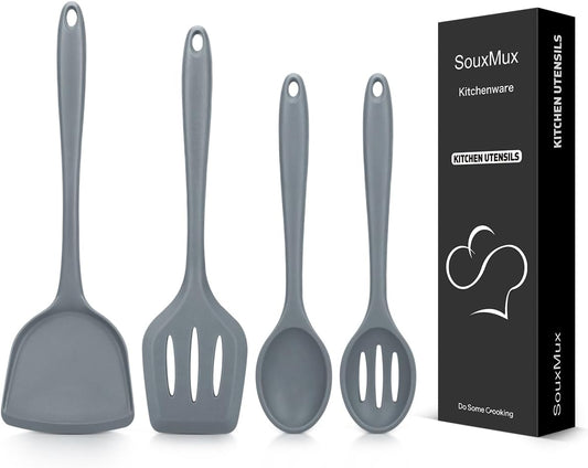 4 Pcs Silicone Kitchen Utensils Set, Wok Spatulas-Slotted Turner-Cooking Spoon-Slotted Spoon, Nonstick BPA Free High Heat