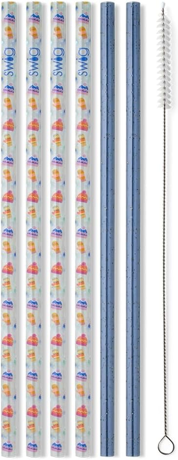 Swig Life Reusable Straws Snow Day + Blue Glitter Tall Straw Set & Cleaning Brush, Each Straw is 10.25 inch Long (Fits Swig