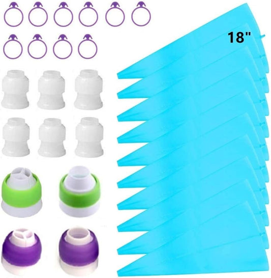 30 Pcs Pastry Piping Bags Set, with 10 PCS (18 Inch) Reusable Silicone Icing Bags,10 Couplers and 10 Frosting Bag Ties for