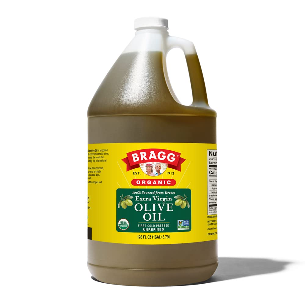 Bragg Organic Extra Virgin Olive Oil – Made with Greek Koroneiki Olives – Cold Pressed EVOO for Marinades &amp; Vinaigrettes – USDA Certified, Non-GMO, Kosher (128 Ounce) | USDA certified, non-GMO, kosher, rich in polyphenols, robust peppery finish, ideal