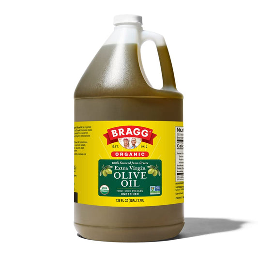 Bragg Organic Extra Virgin Olive Oil – Made with Greek Koroneiki Olives – Cold Pressed EVOO for Marinades &amp; Vinaigrettes – USDA Certified, Non-GMO, Kosher (128 Ounce) | USDA certified, non-GMO, kosher, rich in polyphenols, robust peppery finish, ideal