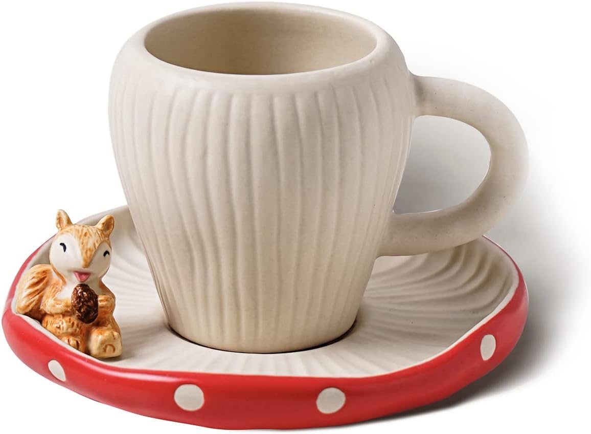 Cute Mushroom Mug with Saucer, Handmade Glaze Polka Dot, with Squirrel Decoration on the Plate. Safety Matt Ceramic Coffee Cups, 11 oz Cartoon Tea Cup. Best Gifts for Women &amp; Girls.