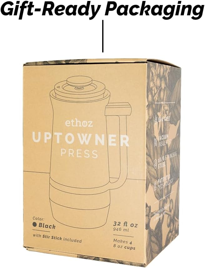Ethoz by Planetary Design | Uptowner French Press | 32oz Stainless Steel | US Patented Bru-Stop &amp; Removable Bottom | Double-Wall Insulated for Smooth, Balanced Coffee – No Grit, No Bitterness