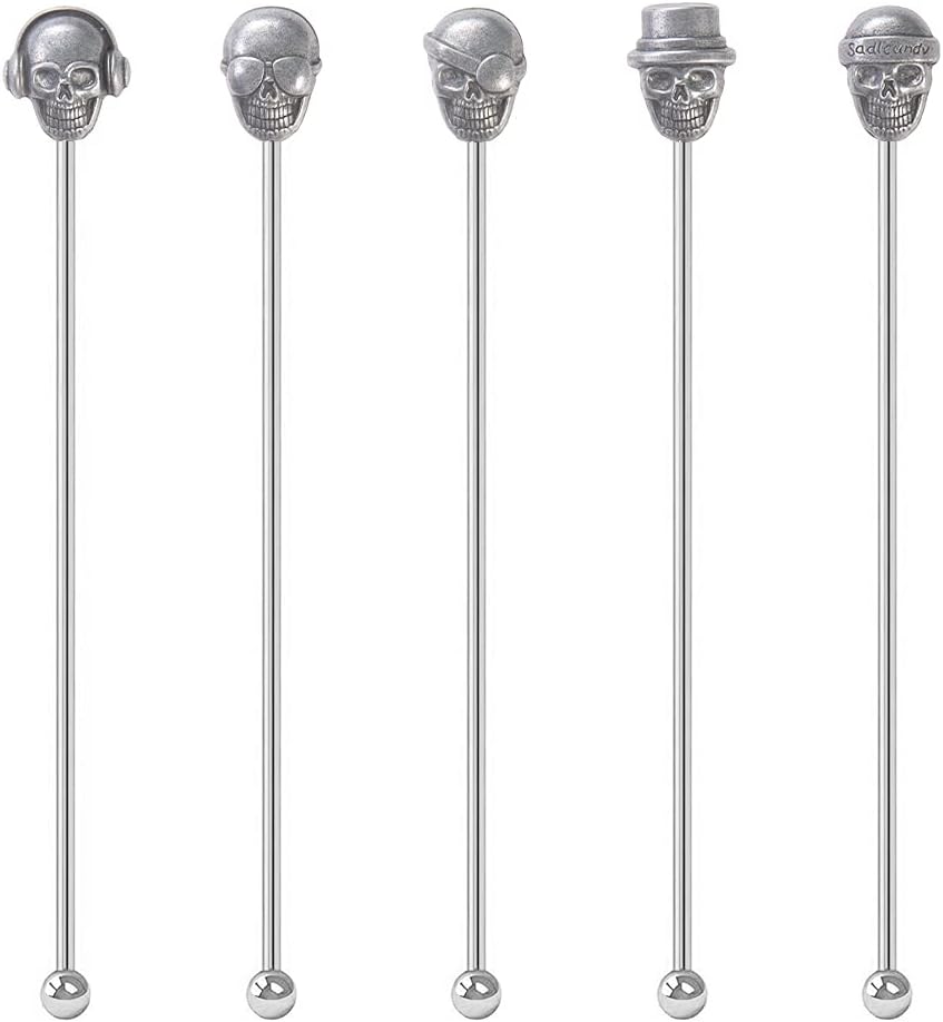 5Pcs Skull Shape Drink Swizzle Sticks Skull Cocktail Stirrer Ancient Silver