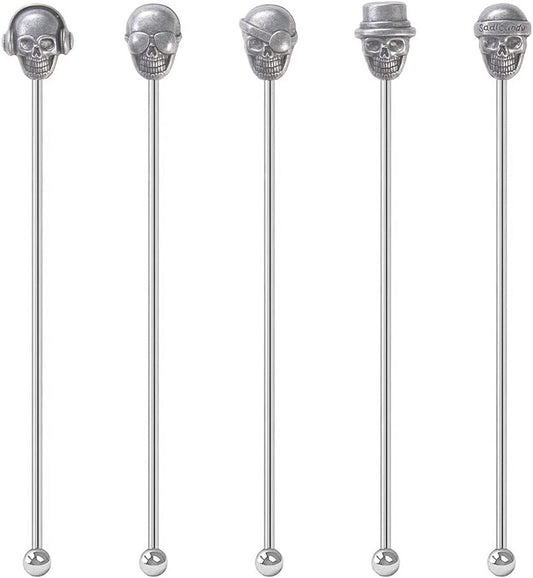 5Pcs Skull Shape Drink Swizzle Sticks Skull Cocktail Stirrer Ancient Silver